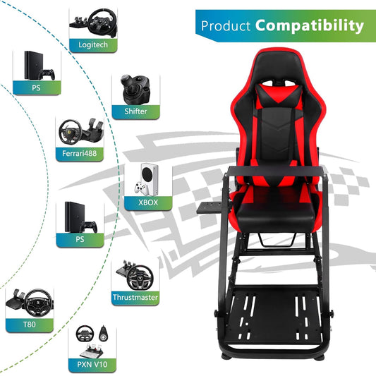 Foldable Racing Simulator Cockpit Stand with Red Seat Fit for Logitech/Thrustmaster G25,G27,G29,G920,G923&T300RS,TX,T80,Multi-Angle Adjustment Sim Cockpit,No Steering Wheel,HandBrake,Pedals