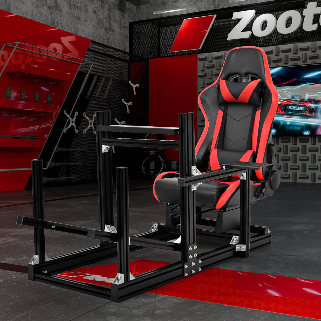 Zootopo 8040 Aluminum Profile Racing Sim Cockpit with Red Seat Fit Logitech G923 G920, Adjuatable Driving Simulator Cockpit Not Include Steering Wheel,Pedals,Handbrake