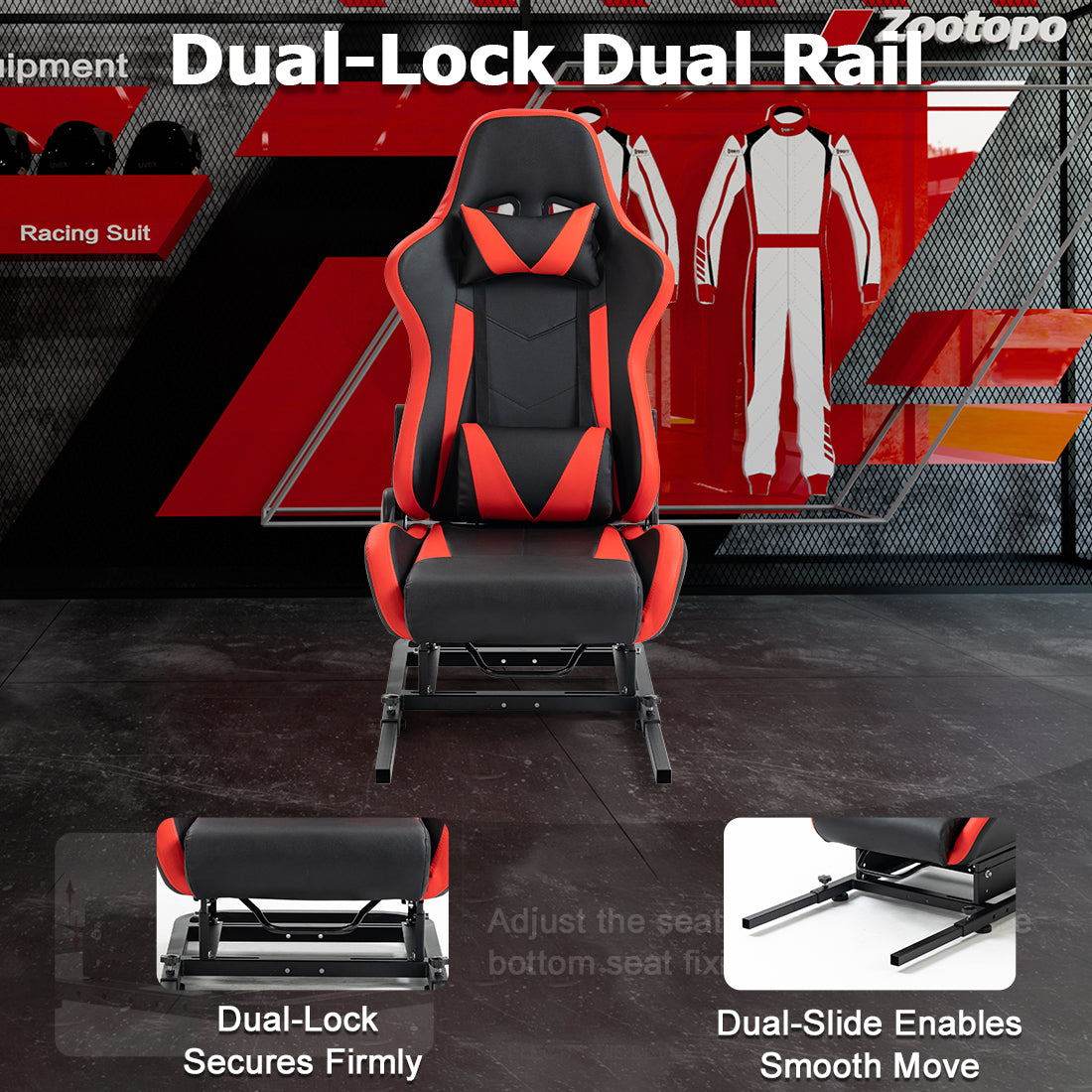 Zootopo Racing Seat Stand, Modern Style, Red and Black, Faux Leather, Ergonomic, Gaming Chair Stand, Racing Game, Adult, Indoor Use