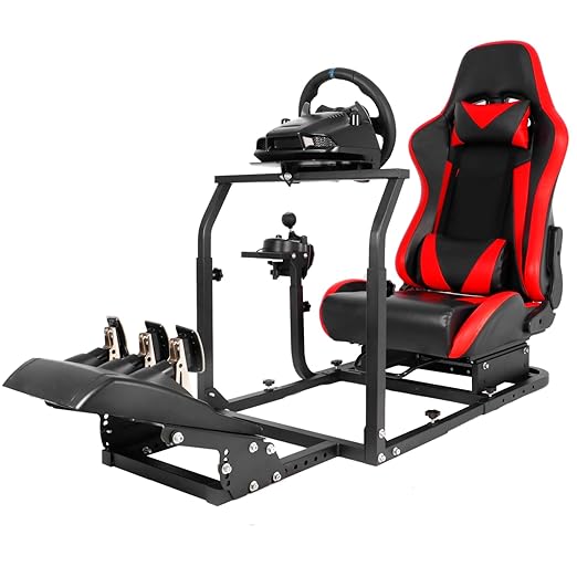 Hottoby Racing Simulator Cockpit with Red Seat Stability Upgrade Multi-level Adjustment Fits for Logitech/Thrustmaster G29,G920,G923 Gaming Steering Wheel Stand,No Handbrake,Pedals,Steering Wheel