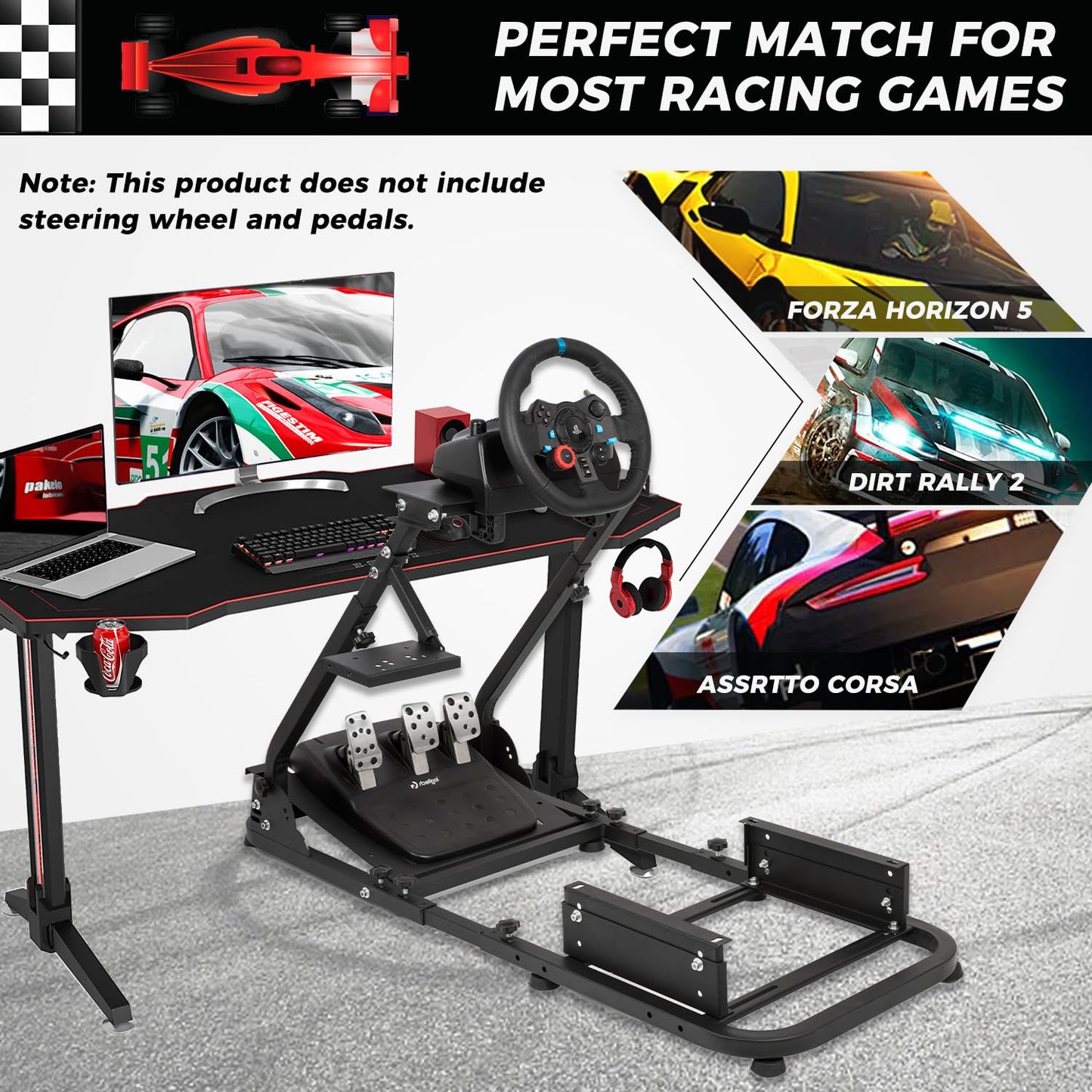 Foldable Racing Simulator Cockpit Stand Fit for Logitech/Thrustmaster G25,G27,G29,G920,G923&T300RS,T150,T80 Multi-Angle Adjustment Sim Cockpit No Steering Wheel HandBrake Pedals Seat