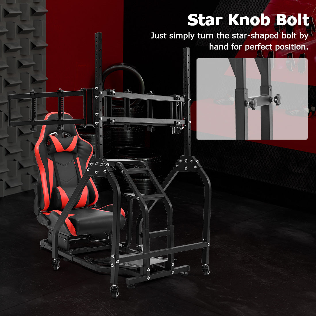 Zootopo Adjustable Racing Sim Cockpit with Red Seat Unobstructed Design for Both Legs Fit for Logitech/Thrustmaster G29 G923 G25 T80 T150 Racing Wheel Cockpit with Triple Monitor Stand Not Include Steering Wheel,Pedals,Handbrake