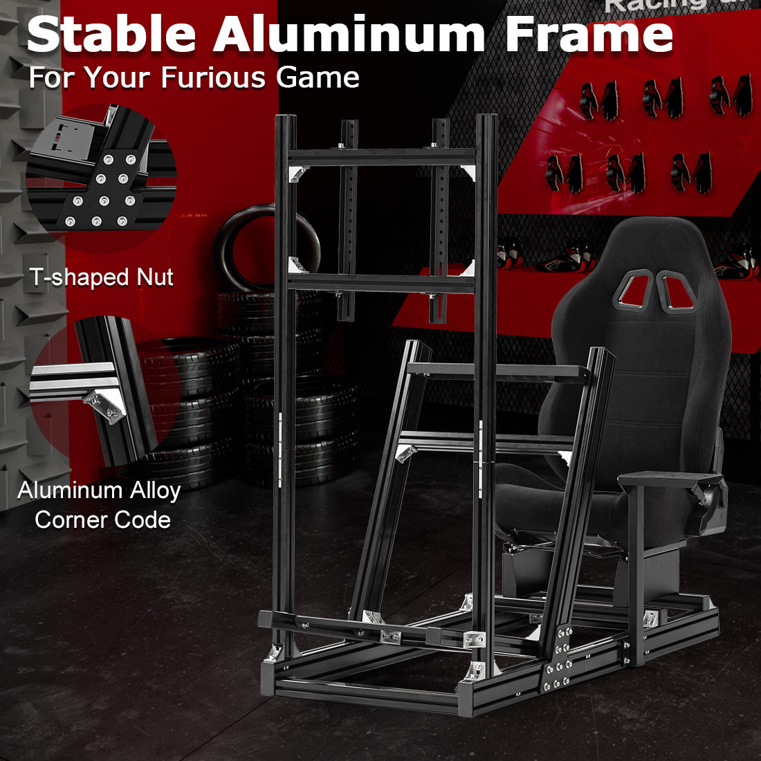 Zootopo 8040 Aluminum Profile Racing Simulator Cockpit with Black Seat & Monitor Frame Fit for Logitech/Thrustmaster/Fanatec G25 G27 G29 G923 T80,F1 Trunk,No Handbrake,Pedals & Steering Wheel