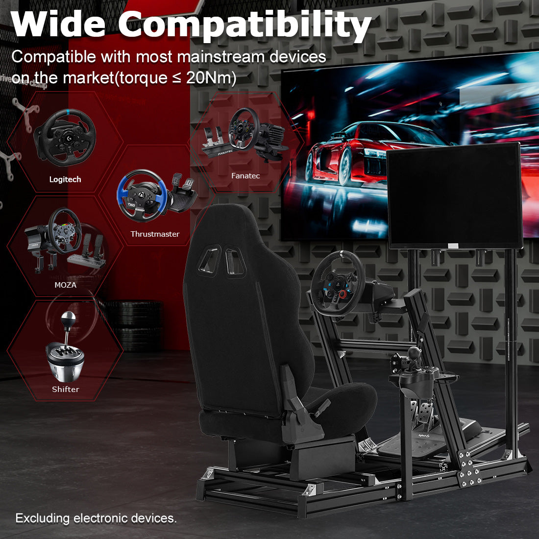 Zootopo 8040 Aluminum Profile Racing Simulator Cockpit with Black Seat & Monitor Frame Fit for Logitech/Thrustmaster/Fanatec G25 G27 G29 G923 T80,F1 Trunk,No Handbrake,Pedals & Steering Wheel
