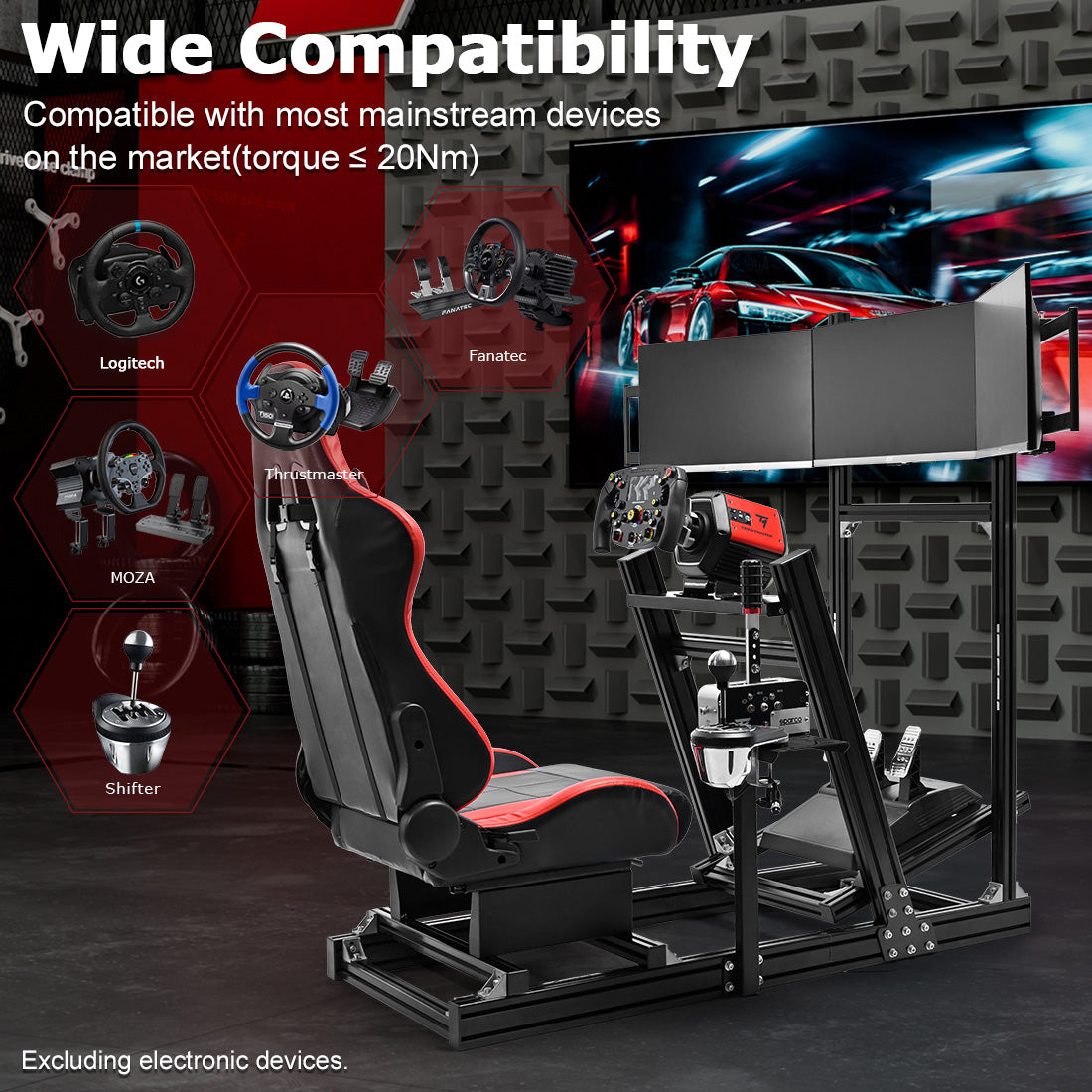 Zootopo 8040 Aluminum Profile Racing Simulaor Cockpit with Red Seat & Triple Display Stand Fit for Logitech/Thrustmaster/Fanatec G920,G923&T80 Professional,F1 Trunk,No Handbrake,Pedals,Steering Wheel