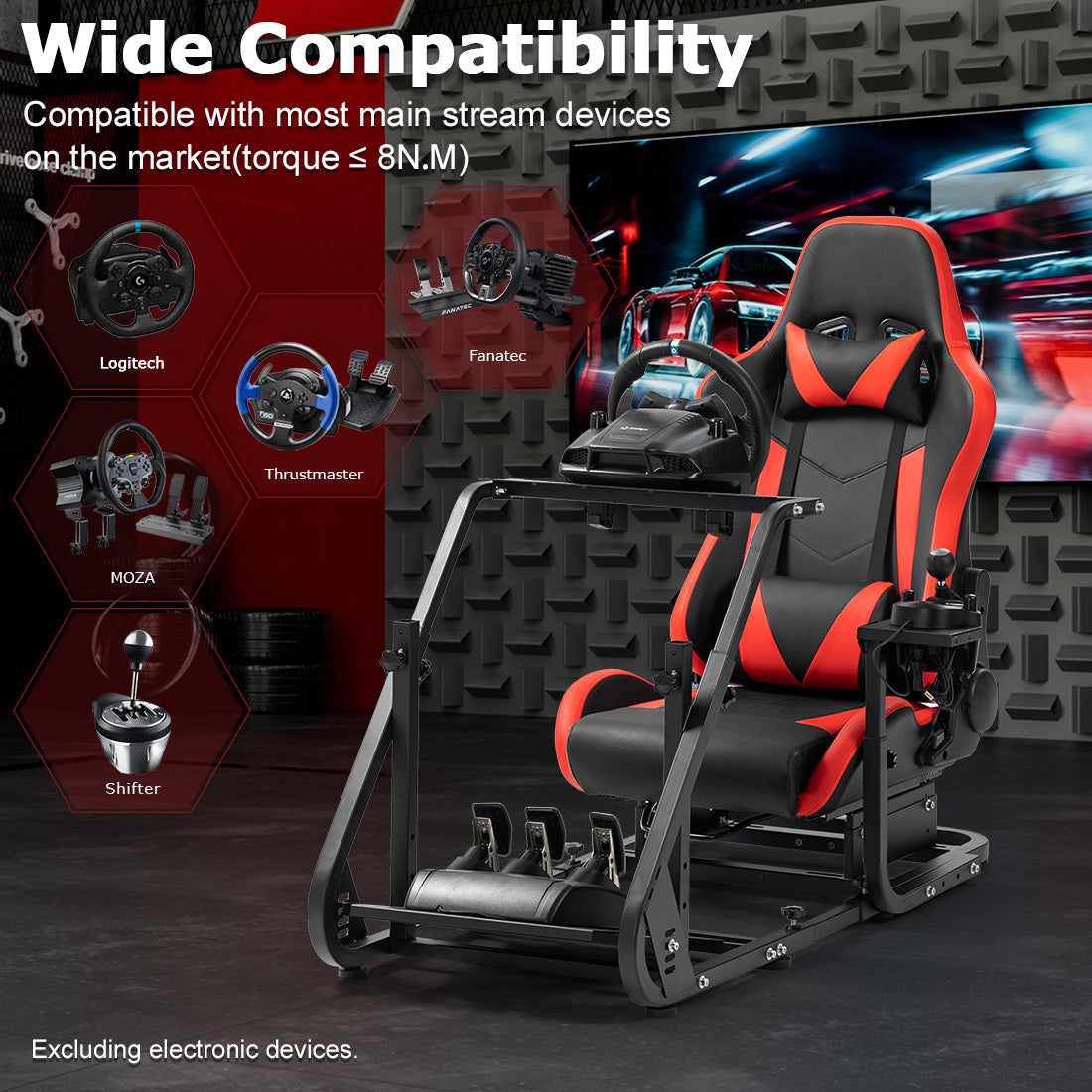 Zootopo Adjustable Sim Racing Cockpit with Red Seat, Fit for Logitech/Thrustmaster/Fanatec G920 G923 G29 Frame, Double Arm Reinforcement, No Steering Wheel, Pedal, Handbrake