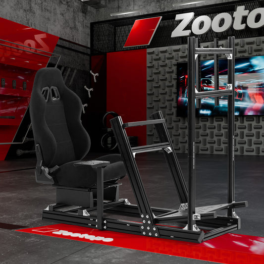 Zootopo 8040 Aluminum Profile Racing Simulator Cockpit with Black Seat & Monitor Frame Fit for Logitech/Thrustmaster/Fanatec G25 G27 G29 G923 T80,F1 Trunk,No Handbrake,Pedals & Steering Wheel