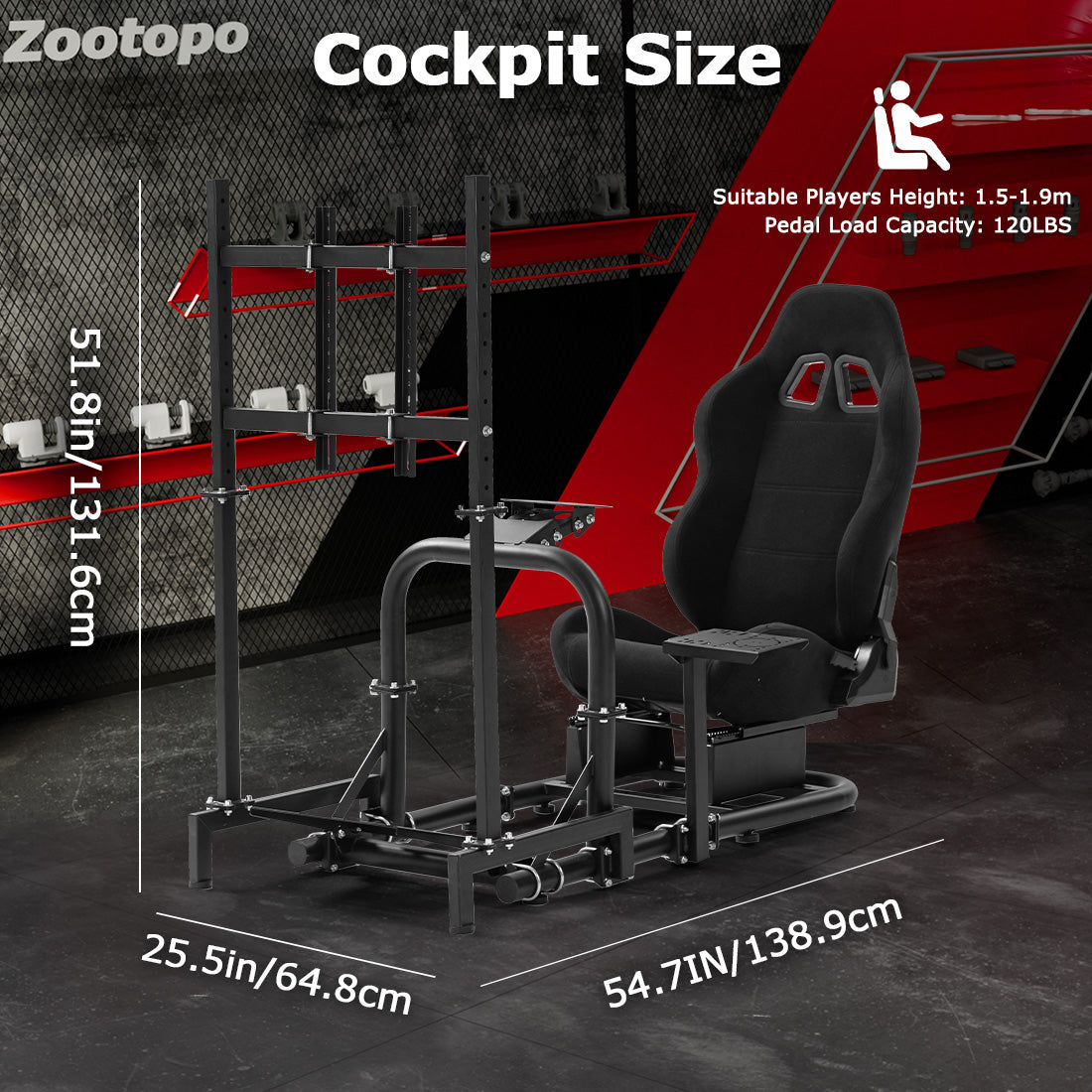 Zootopo Adjustable Racing Cockpit with TV Stand Black Seat Fit for Logitech,Thrustmaster,Fanatec,G920,T500,Wheel Shifter Pedals TV NOT Included
