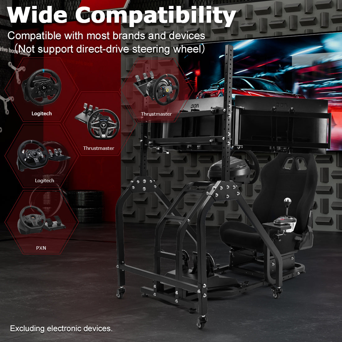 Zootopo Adjustable Racing Sim Cockpit with Black Seat Unobstructed Design for Both Legs Fit for Logitech/Thrustmaster G29 G923 G25 T80 T150 Racing Wheel Cockpit with Triple Monitor Stand Not Include Steering Wheel,Pedals,Handbrake
