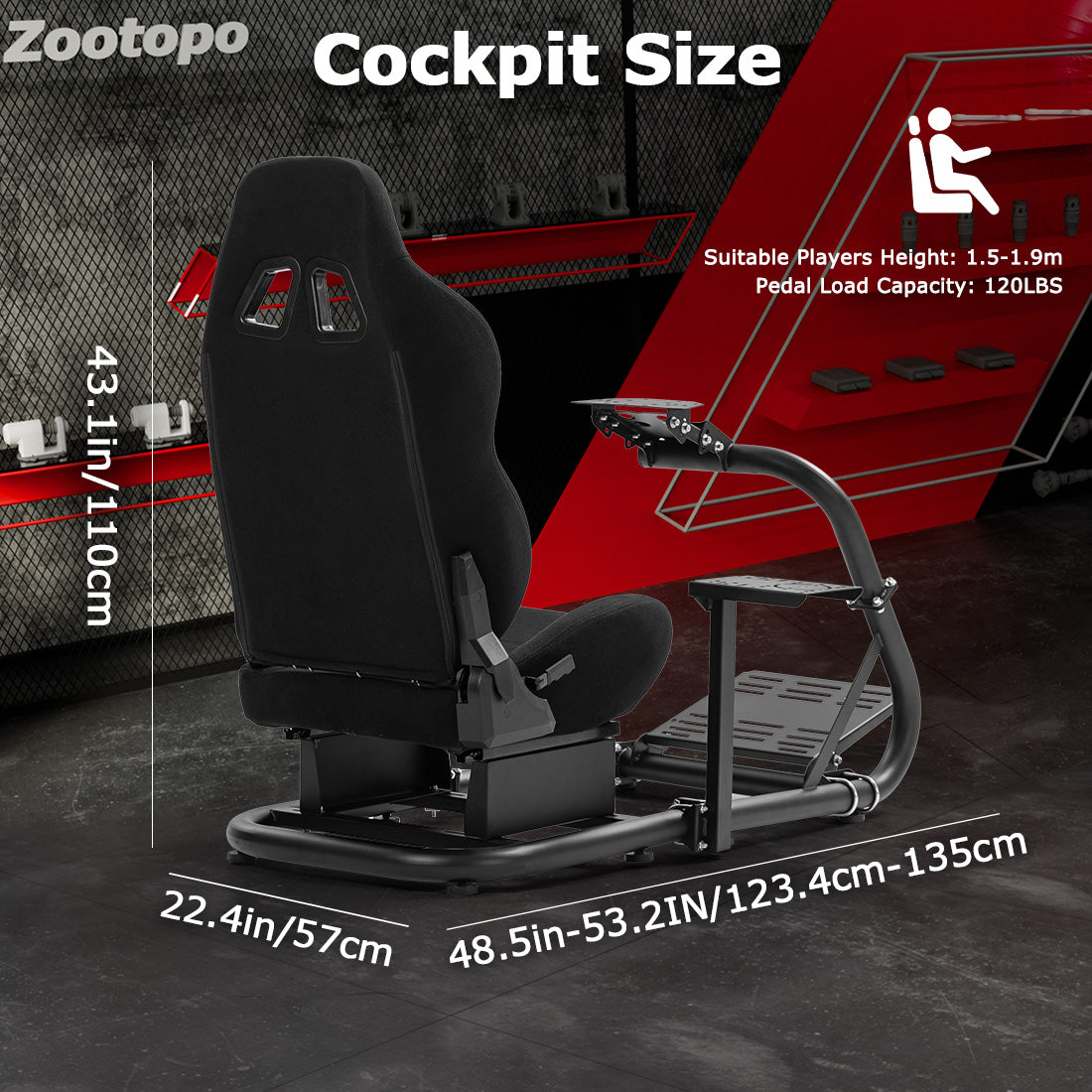Zootopo Adjustable Racing Cockpit with Black Seat Fit for Logitech,Thrustmaster,G920,T500,Wheel Shifter Pedals Not Included