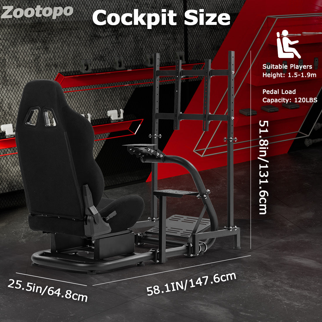 Zootopo Racing Cockpit with TV Stand &Black Seat Fit for Logitech,Thrustmaster,G25,G920,T500,Wheel Shifter Pedals Not Included