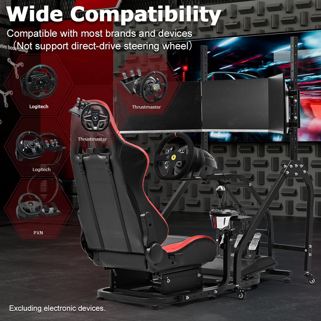Zootopo Adjustable Racing Sim Cockpit with Red Seat Unobstructed Design for Both Legs Fit for Logitech/Thrustmaster G29 G923 G25 T80 T150 Racing Wheel Cockpit with Triple Monitor Stand Not Include Steering Wheel,Pedals,Handbrake