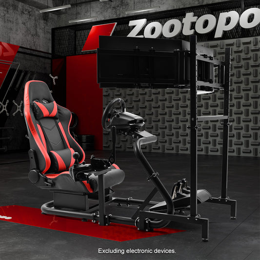 Zootopo Racing Simulator Cockpit with Triple Monitor Stand and Red Seat Suitable for Logitech/Thrustmaster T500RS TX G29 G920 G923 CSL-DD, Without Steering Wheel, Pedals, Handbrake