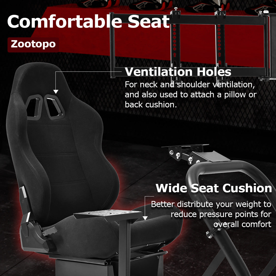 Zootopo Professional Racing Simulator Cockpit Frame with Black Seat&Monitor Stand, Fit for Logitech G920/Thrustmaster/Moza, Shifter Platform Upgrade, No Wheel, Pedals, Handbrake and Monitor