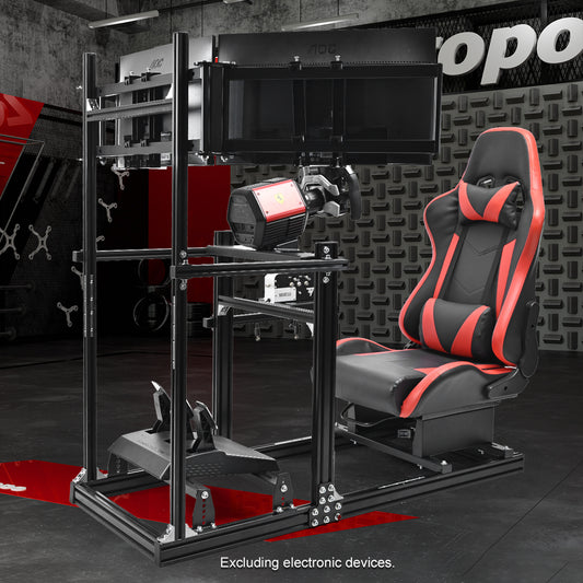 Zootopo 3060 Aluminum Profile Racing Simulator Cockpit with Red Seat and Triple-monitor Setup, Fit for Thrustmaster,for Fanatec,for Logitech G29 , Adjustable Driving Simulator Cockpit, Does Not Include Steering Wheel, Pedals, or Handbrake