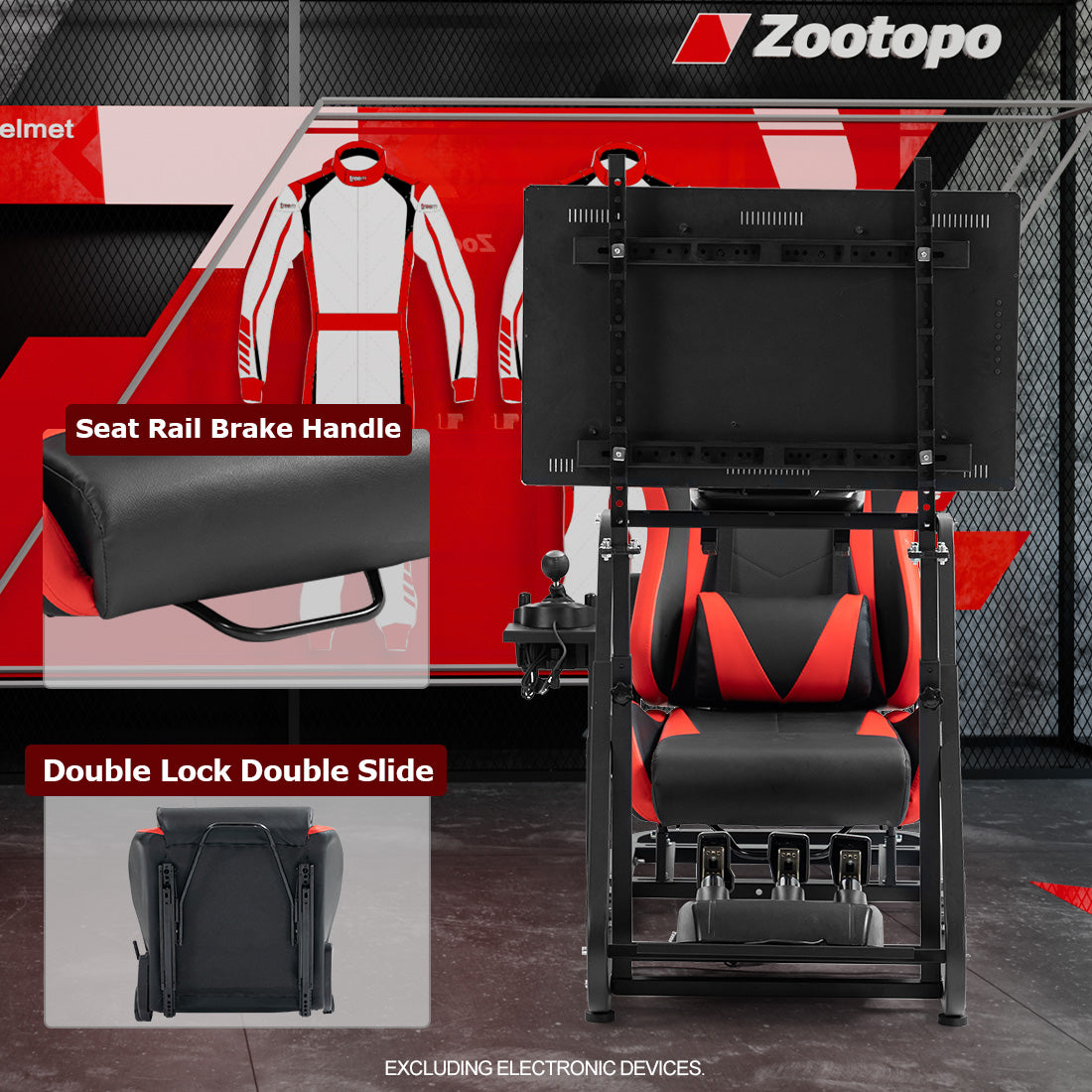Zootopo Adjustable Sim Racing Cockpit with Red Seat Monitor Frame, Fit for Logitech/Thrustmaster/Fanatec G920 G923 G29 T80, Frame Double Arm Reinforcement, No Steering Wheel,Pedal,Handbra,Display