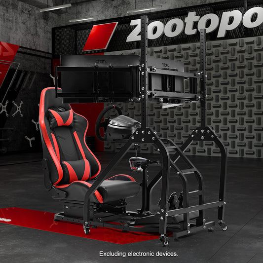 Zootopo Adjustable Racing Sim Cockpit with Red Seat Unobstructed Design for Both Legs Fit for Logitech/Thrustmaster G29 G923 G25 T80 T150 Racing Wheel Cockpit with Triple Monitor Stand Not Include Steering Wheel,Pedals,Handbrake