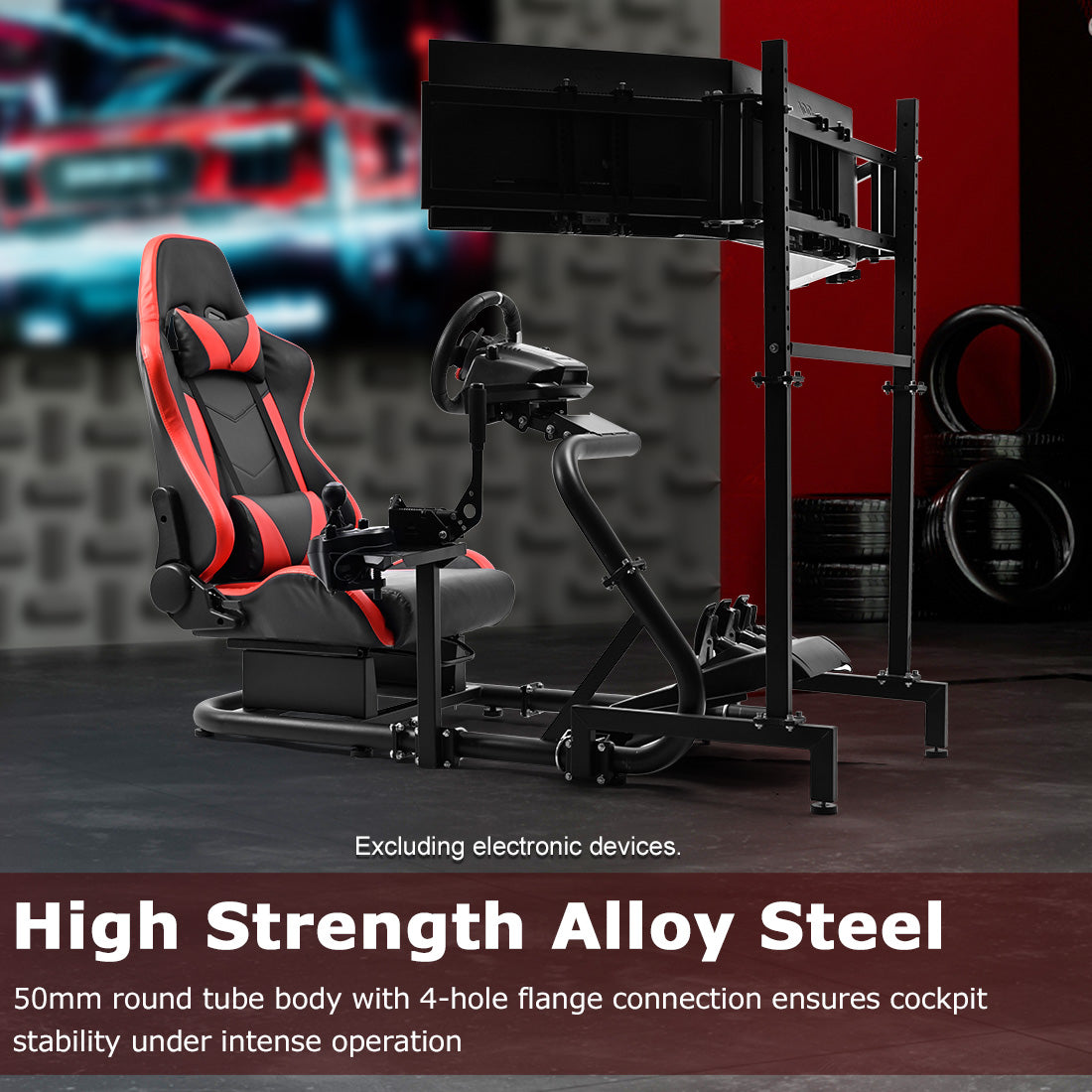 Zootopo Racing Simulator Cockpit with Triple Monitor Stand and Red Seat Suitable for Logitech/Thrustmaster T500RS TX G29 G920 G923 CSL-DD, Without Steering Wheel, Pedals, Handbrake