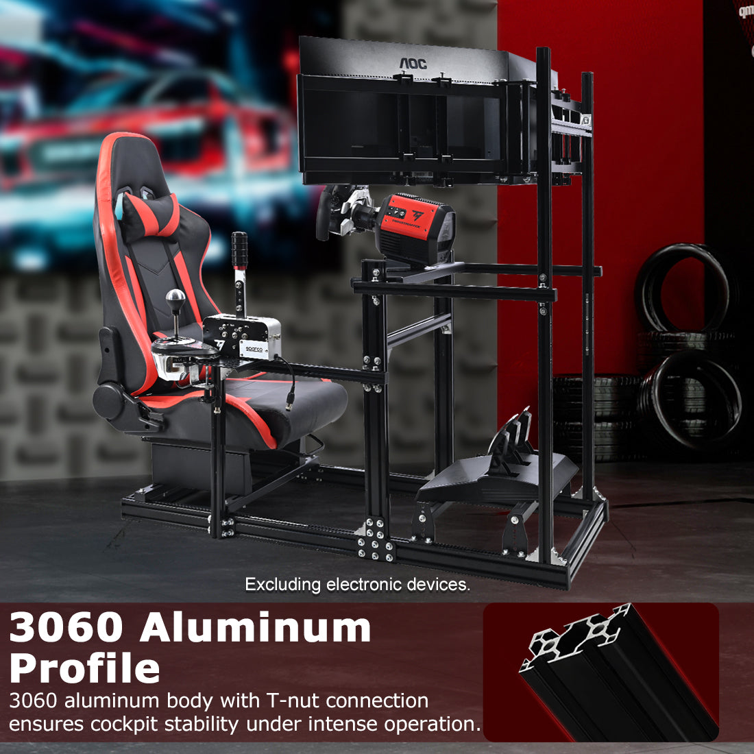 Zootopo 3060 Aluminum Profile Racing Simulator Cockpit with Red Seat and Triple-monitor Setup, Fit for Thrustmaster,for Fanatec,for Logitech G29 , Adjustable Driving Simulator Cockpit, Does Not Include Steering Wheel, Pedals, or Handbrake