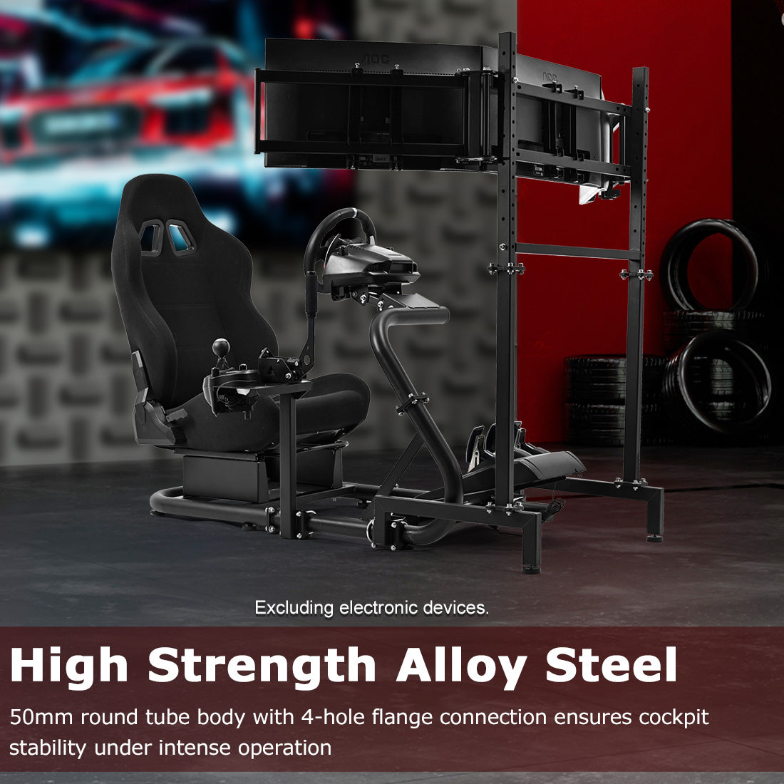 Zootopo Racing Simulator Cockpit With Triple Monitor Stand and Black Seat Suitable for Logitech/Thrustmaster T500RS TX G29 G920 G923 CSL-DD, Without Steering Wheel, Pedals, Handbrake