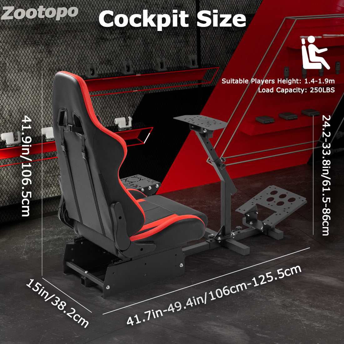 Zootopo Racing Simulator Cockpit with Red Seat Multi-level Adjustment Fit for Logitech/Thrustmaster/Fanatec G29,G920,G923&T300RS&CSL-DD One-Piece Cockpit,Wheel,Handbrake and Pedals Not Included