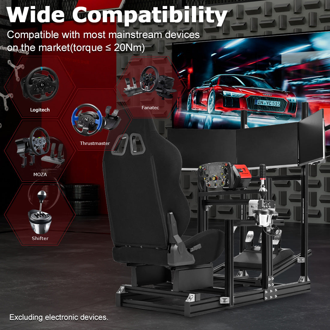 Zootopo 8040 Aluminum Profile Racing Sim Cockpit with Triple Monitor Stand Fit Logitech G923 G920, Adjuatable Gaming Simulator Cockpit with Black Seat Not Include Steering Wheel,Pedals,Handbrake