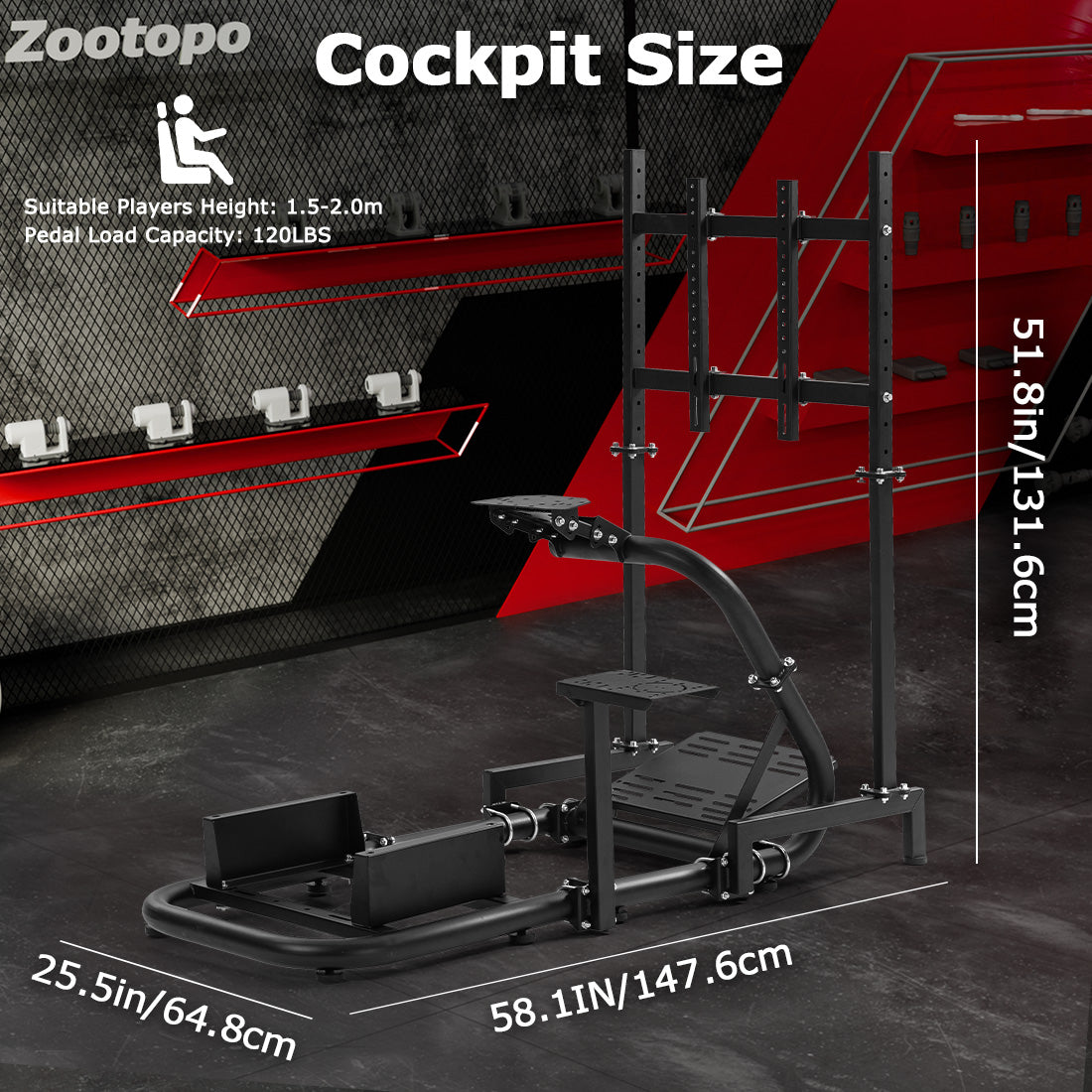 Zootopo Adjustable Racing Simulator Cockpit φ50mm Round Tubing with Monitor Mount, Compatible with Logitech G25/G29/G920/G923 and Thrustmaster T300 Gaming Stands. Does not include steering wheel, handbrake, pedals, and seat.