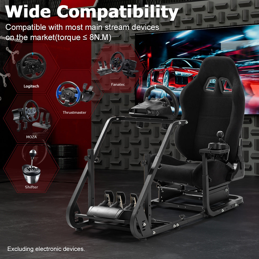 Zootopo Adjustable Sim Racing Cockpit with Black Seat, Fit for Logitech/Thrustmaster/Fanatec G920 G923 G29 Frame, Double Arm Reinforcement, No Steering Wheel, Pedal, Handbrake