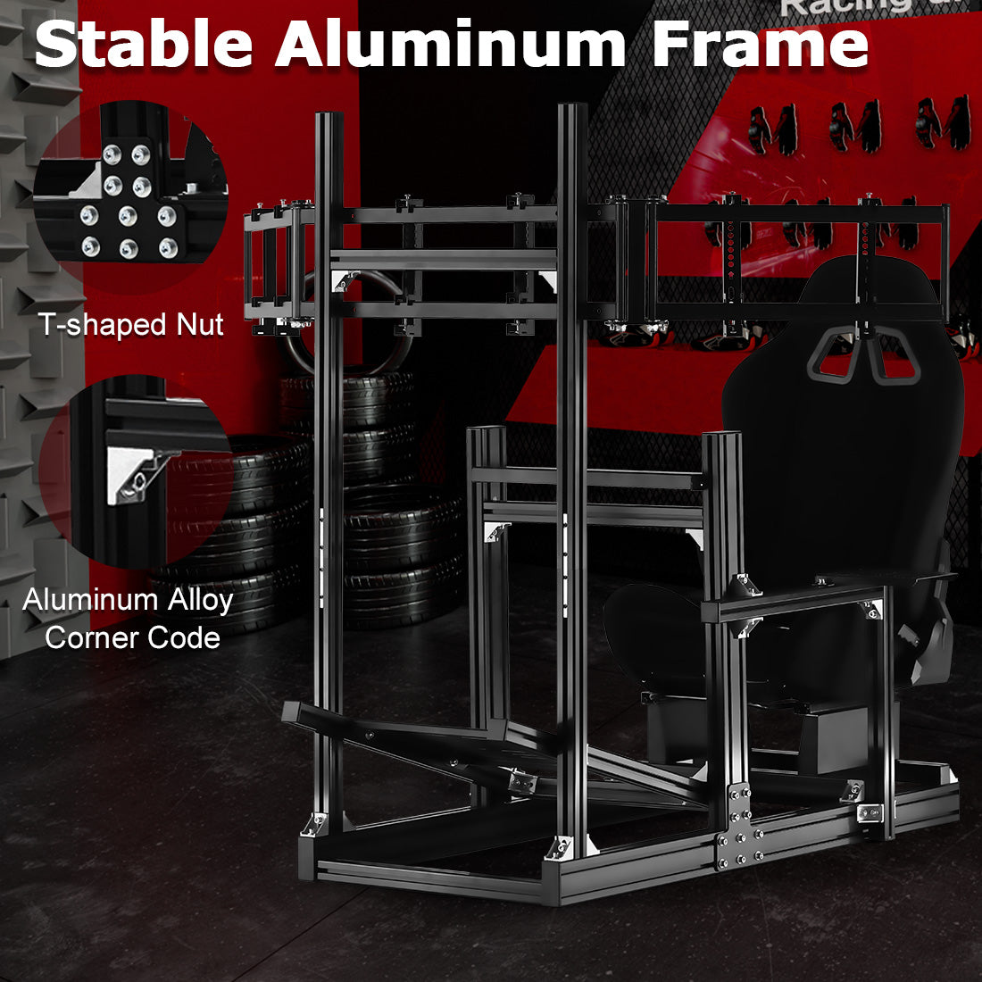 Zootopo 8040 Aluminum Profile Racing Sim Cockpit with Triple Monitor Stand Fit Logitech G923 G920, Adjuatable Gaming Simulator Cockpit with Black Seat Not Include Steering Wheel,Pedals,Handbrake