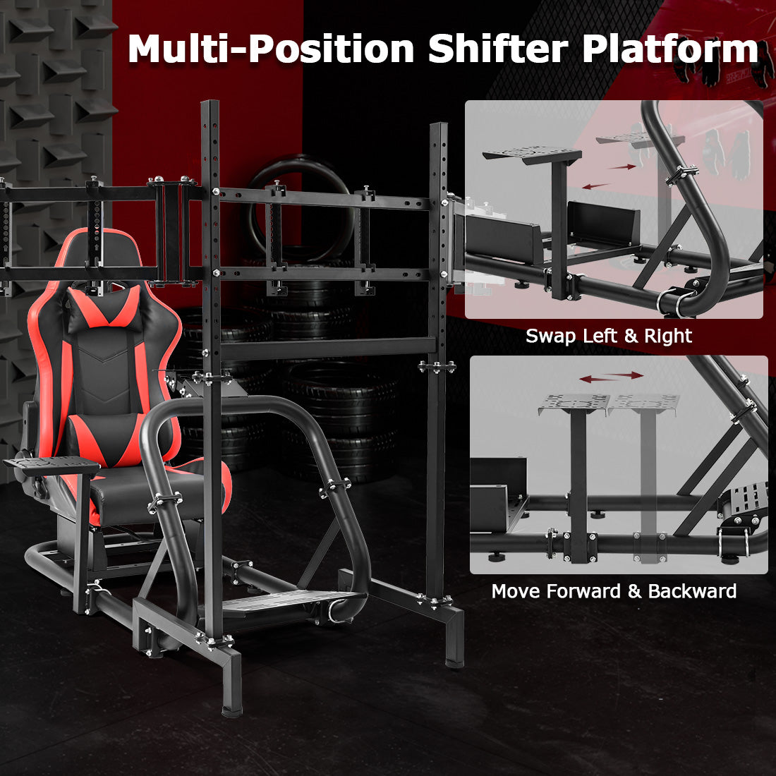 Zootopo Professional Racing Simulator Cockpit Frame with Red Seat&Triple Monitor Stand, Fit for Logitech G920/Thrustmaster/Moza, Shifter Platform Upgrade, No Wheel, Pedals, Handbrake and Monitor