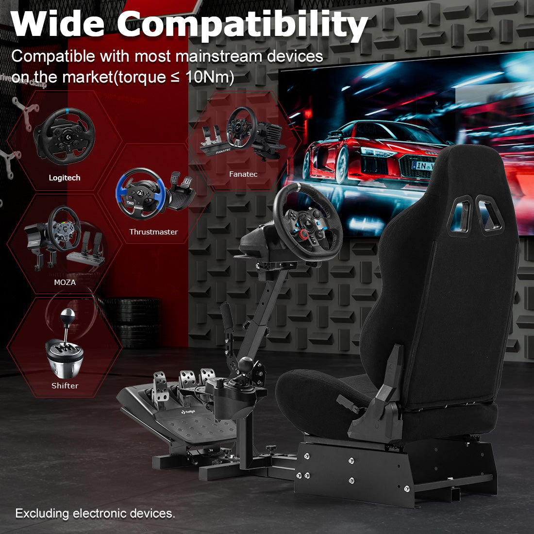 Zootopo Racing Simulator Cockpit with BlackSeat Multi-level Adjustment Fit for Logitech/Thrustmaster/Fanatec G29,G920,G923&T300RS&CSL-DD One-Piece Cockpit,Wheel,Handbrake and Pedals Not Included
