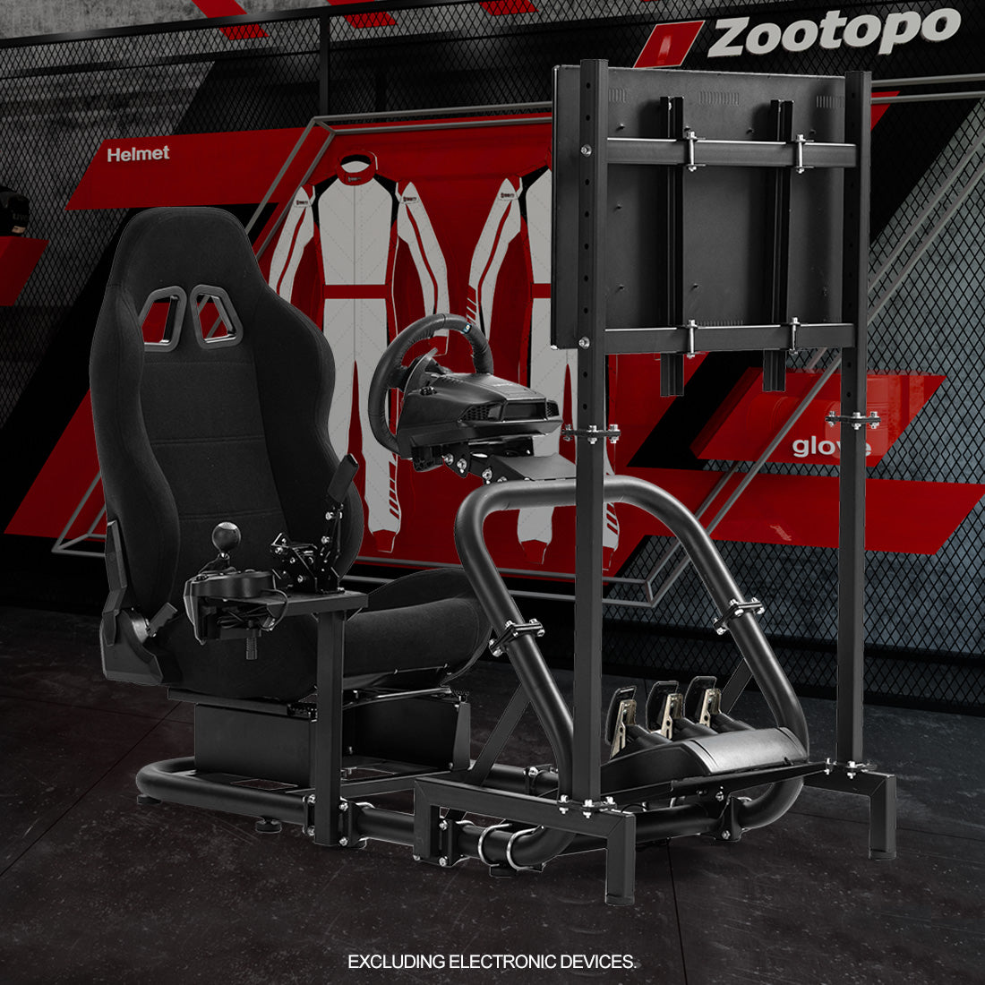 Zootopo Professional Racing Simulator Cockpit with TV Stand&Seat, Fit for Logitech G920/Thrustmaster/Moza, Streamlined Dual-arm Design, No Wheel, Pedals, Handbrake, and Monitor