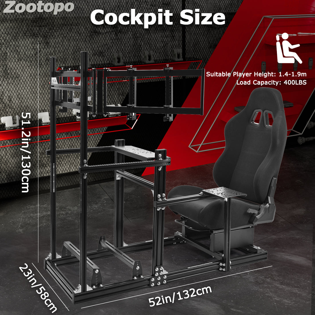 Zootopo 3060 Aluminum Profile Racing Simulator Cockpit with Black Seat and Triple-monitor Setup, Fit for Thrustmaster,for Fanatec,for Logitech G29 , Adjustable Driving Simulator Cockpit, Does Not Include Steering Wheel, Pedals, or Handbrake