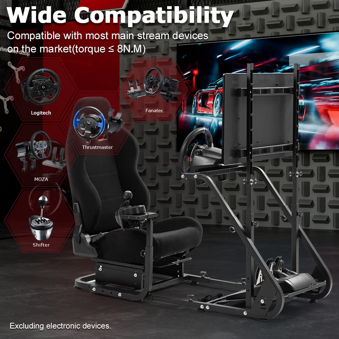 Zootopo Adjustable Sim Racing Cockpit with Black Seat Monitor Frame, Fit for Logitech/Thrustmaster/Fanatec G920 G923 G29 T80, Frame Double Arm Reinforcement, No Steering Wheel,Pedal,Handbra,Display