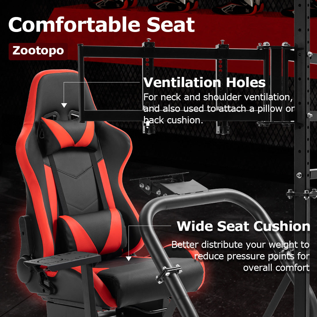 Zootopo Professional Racing Simulator Cockpit Frame with Red Seat&Triple Monitor Stand, Fit for Logitech G920/Thrustmaster/Moza, Shifter Platform Upgrade, No Wheel, Pedals, Handbrake and Monitor