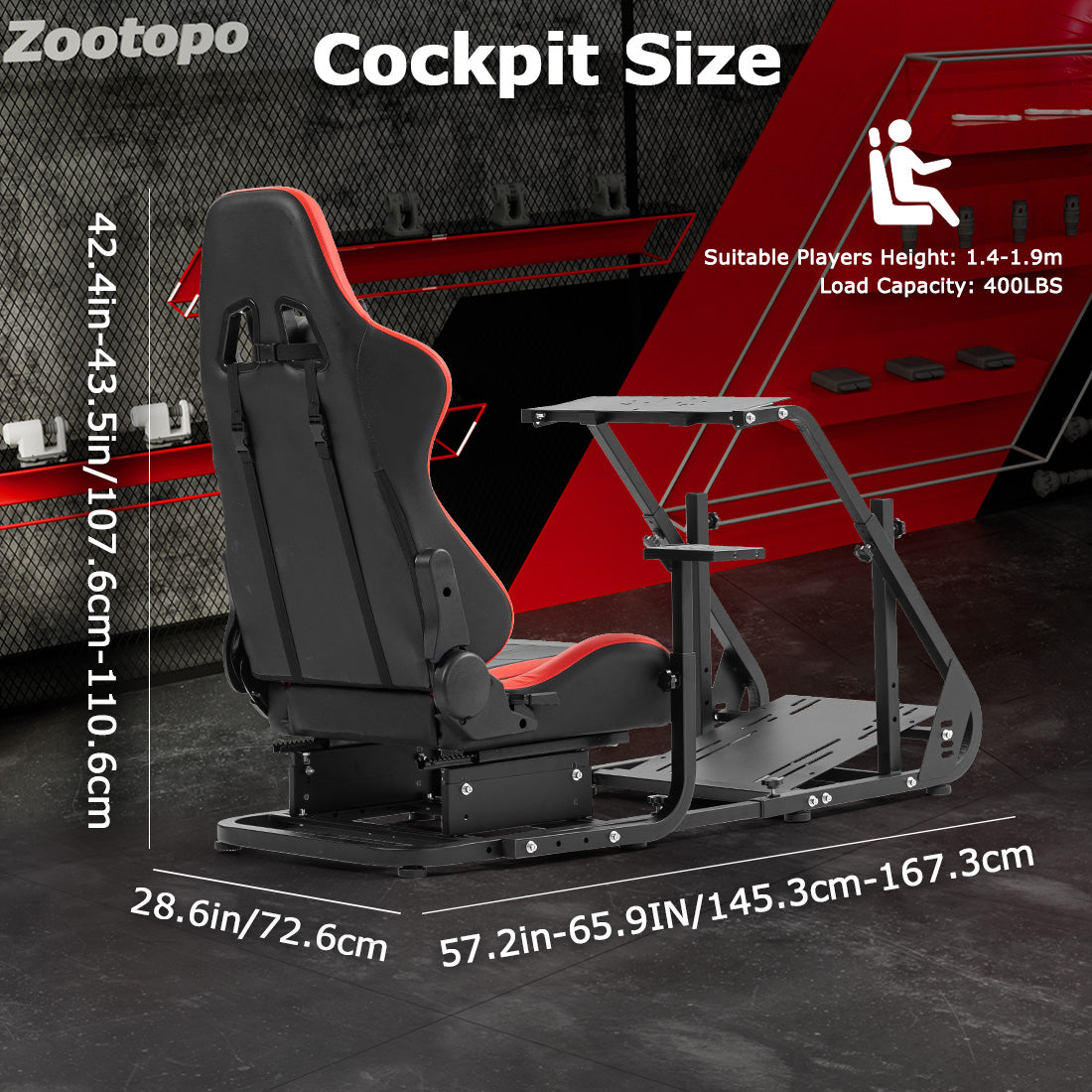 Zootopo Adjustable Sim Racing Cockpit with Red Seat, Fit for Logitech/Thrustmaster/Fanatec G920 G923 G29 Frame, Double Arm Reinforcement, No Steering Wheel, Pedal, Handbrake