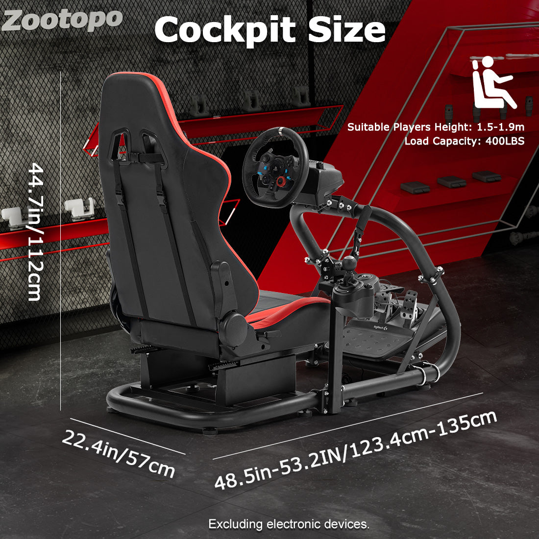 Zootopo Professional Racing Simulator Cockpit Frame with Red Seat, Fit for Logitech G920/Thrustmaster/Moza, Streamlined Dual-arm Design, No Wheel, Pedals, Handbrake and Monitor Stand