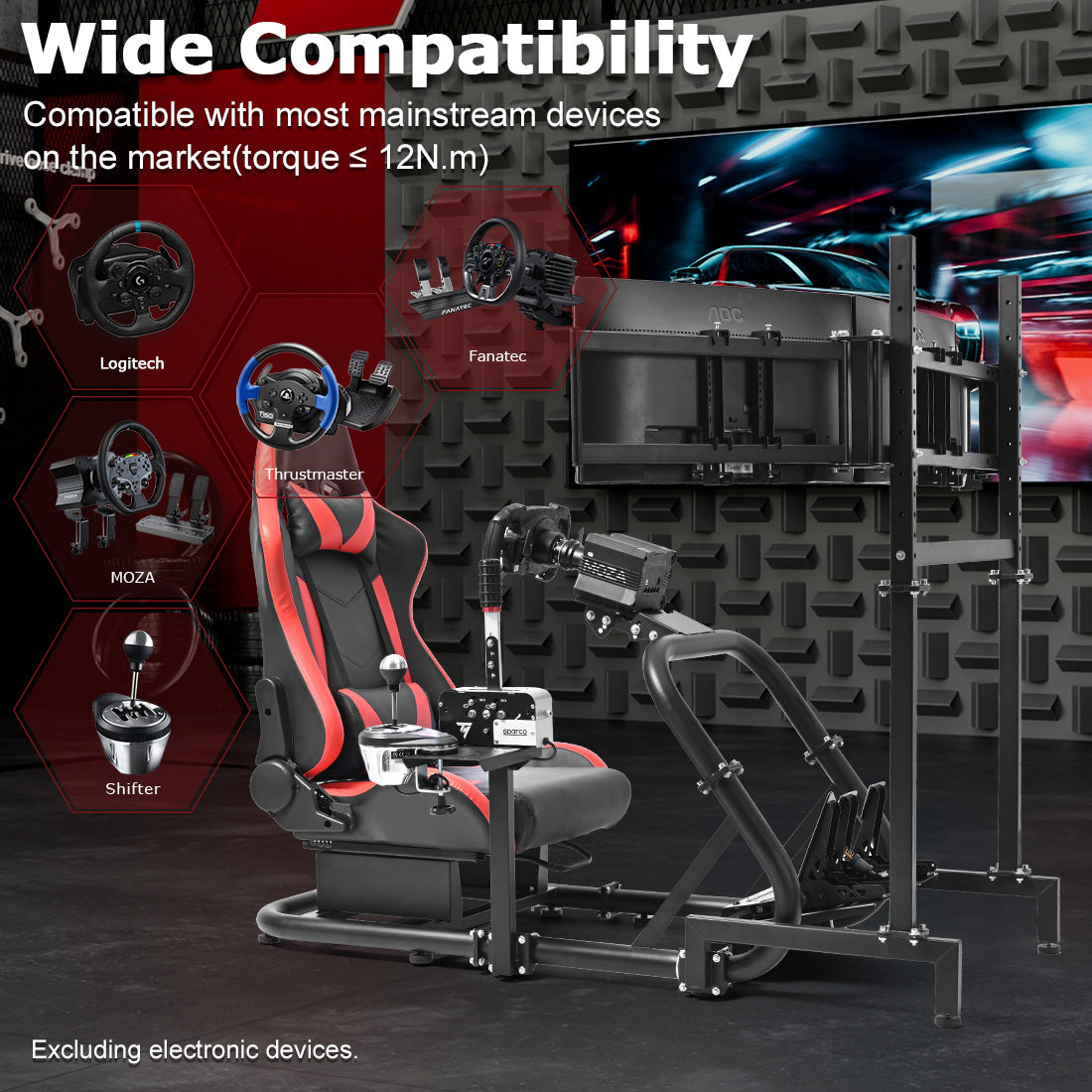 Zootopo Professional Racing Simulator Cockpit Frame with Red Seat&Triple Monitor Stand, Fit for Logitech G920/Thrustmaster/Moza, Shifter Platform Upgrade, No Wheel, Pedals, Handbrake and Monitor
