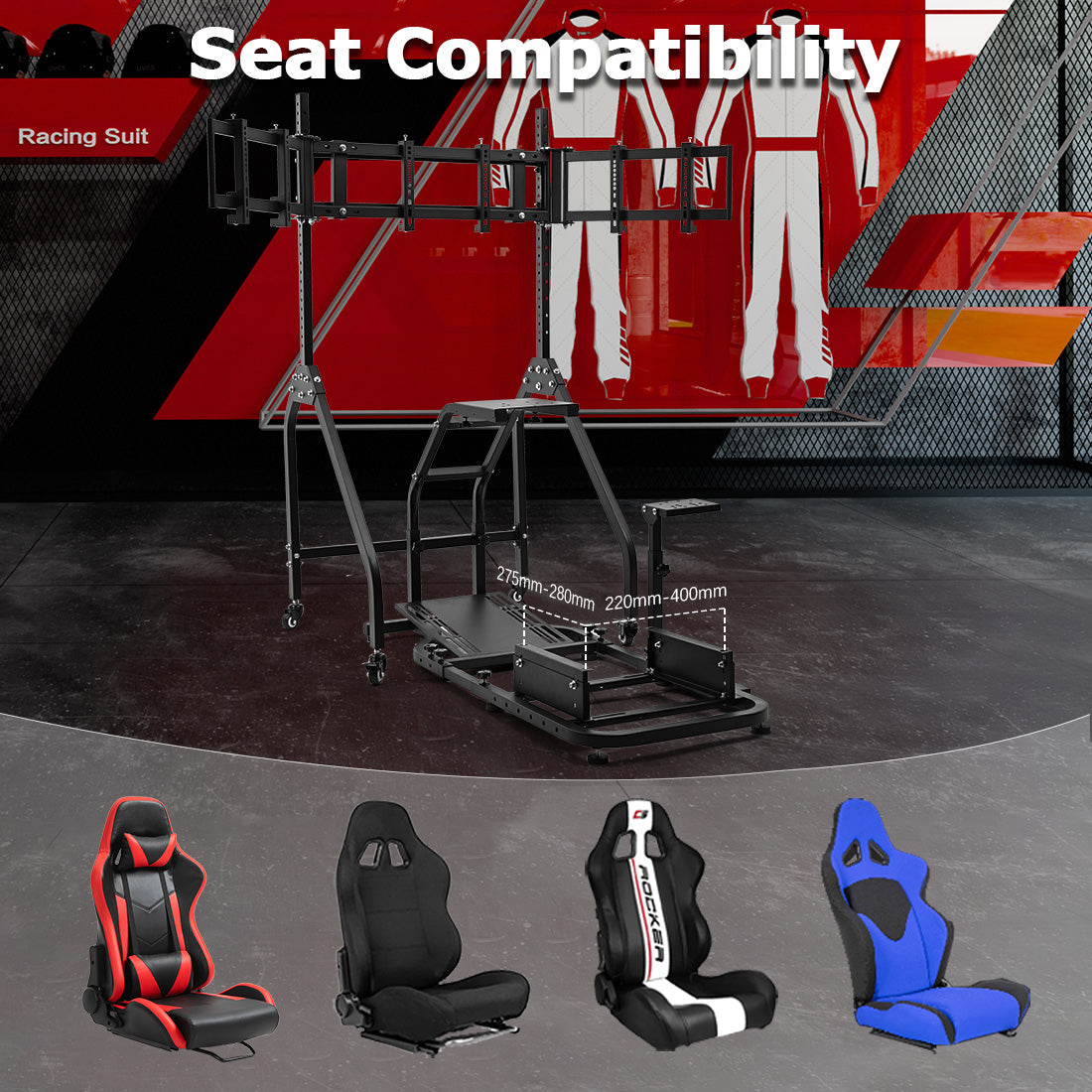 Zootopo Adjustable Racing Sim Cockpit with Triple Monitor Stand Unobstructed Design for Both Legs Fit for Logitech/Thrustmaster G29 G923 G25 T80 T150 Racing Wheel Cockpit Not Include Steering Wheel,Pedals,Handbrake
