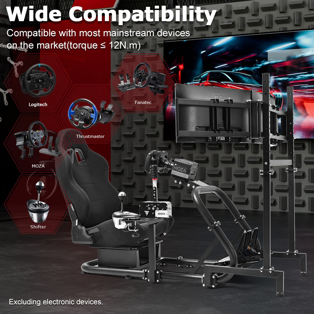 Zootopo Professional Racing Simulator Cockpit Frame with Black Seat&Monitor Stand, Fit for Logitech G920/Thrustmaster/Moza, Shifter Platform Upgrade, No Wheel, Pedals, Handbrake and Monitor