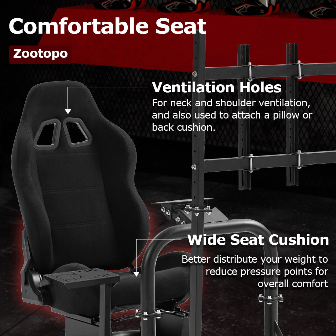 Zootopo Adjustable Racing Cockpit with TV Stand Black Seat Fit for Logitech,Thrustmaster,Fanatec,G920,T500,Wheel Shifter Pedals TV NOT Included