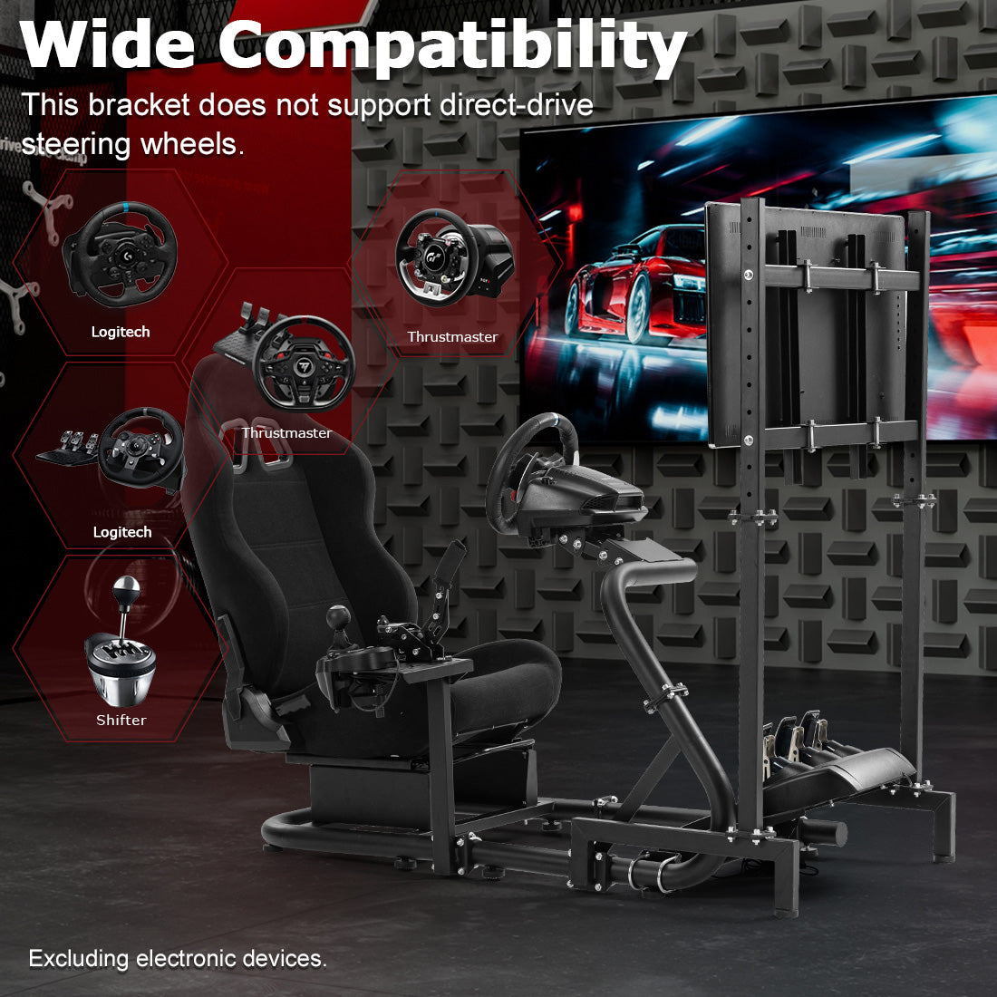 Zootopo Racing Cockpit with TV Stand &Black Seat Fit for Logitech,Thrustmaster,G25,G920,T500,Wheel Shifter Pedals Not Included