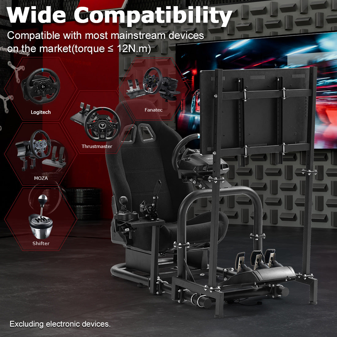 Zootopo Adjustable Racing Cockpit with TV Stand Black Seat Fit for Logitech,Thrustmaster,Fanatec,G920,T500,Wheel Shifter Pedals TV NOT Included