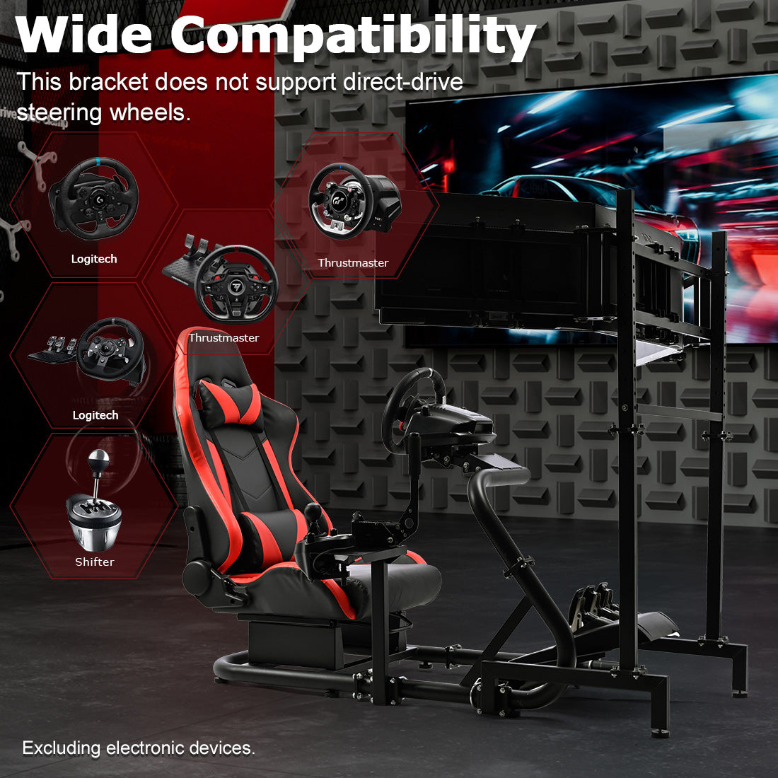 Zootopo Racing Simulator Cockpit with Triple Monitor Stand and Red Seat Suitable for Logitech/Thrustmaster T500RS TX G29 G920 G923 CSL-DD, Without Steering Wheel, Pedals, Handbrake