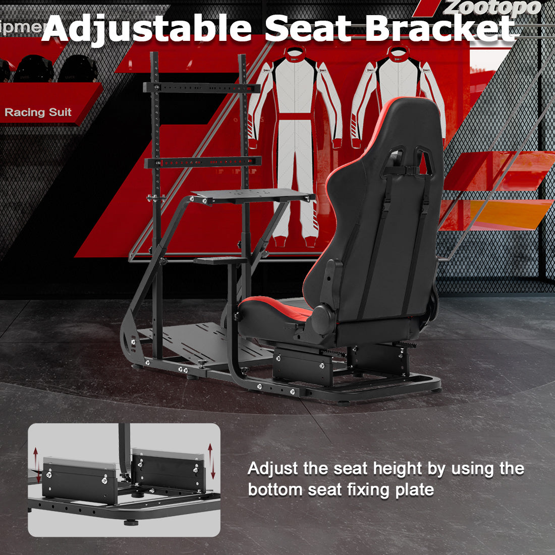 Zootopo Adjustable Sim Racing Cockpit with Red Seat Monitor Frame, Fit for Logitech/Thrustmaster/Fanatec G920 G923 G29 T80, Frame Double Arm Reinforcement, No Steering Wheel,Pedal,Handbra,Display