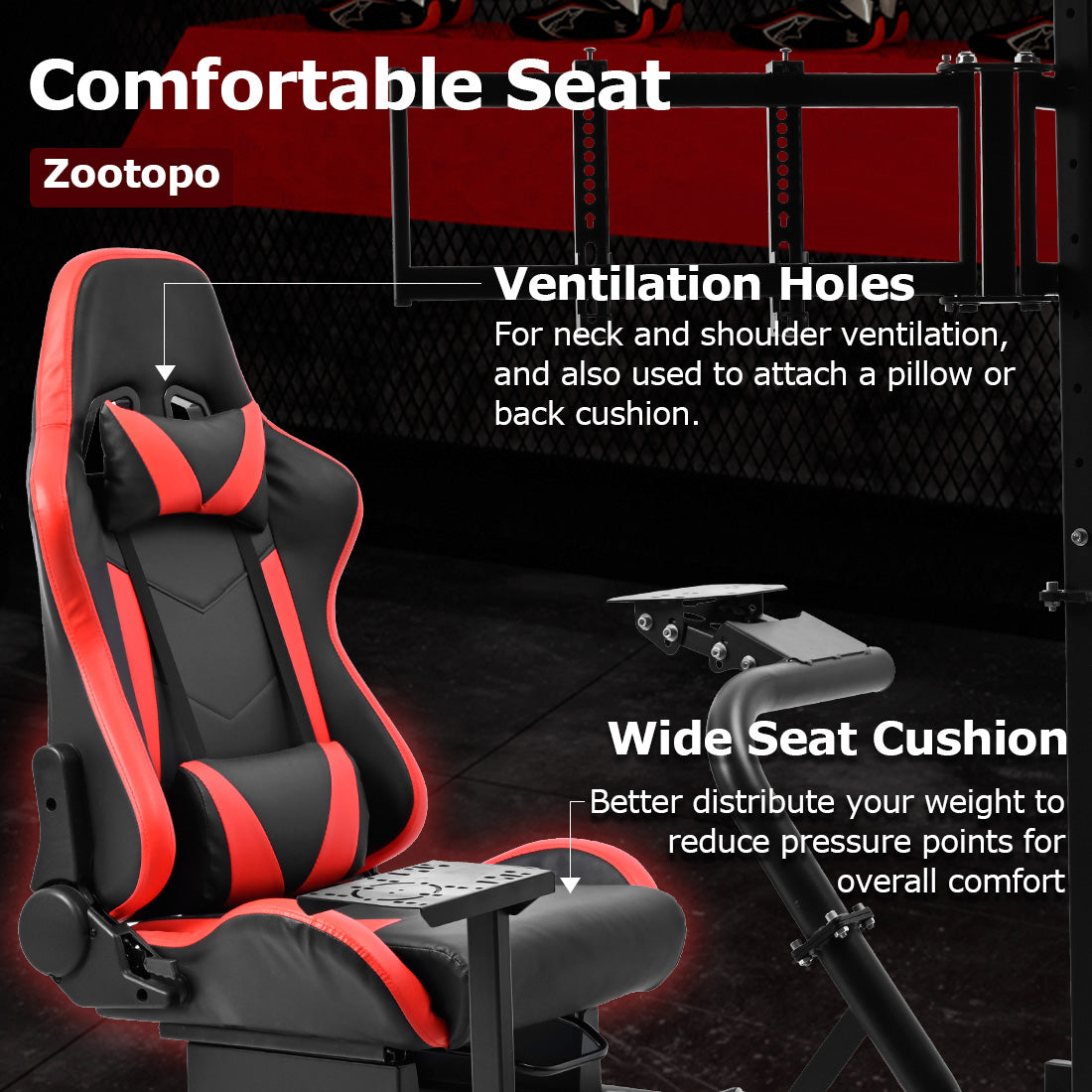 Zootopo Racing Simulator Cockpit with Triple Monitor Stand and Red Seat Suitable for Logitech/Thrustmaster T500RS TX G29 G920 G923 CSL-DD, Without Steering Wheel, Pedals, Handbrake