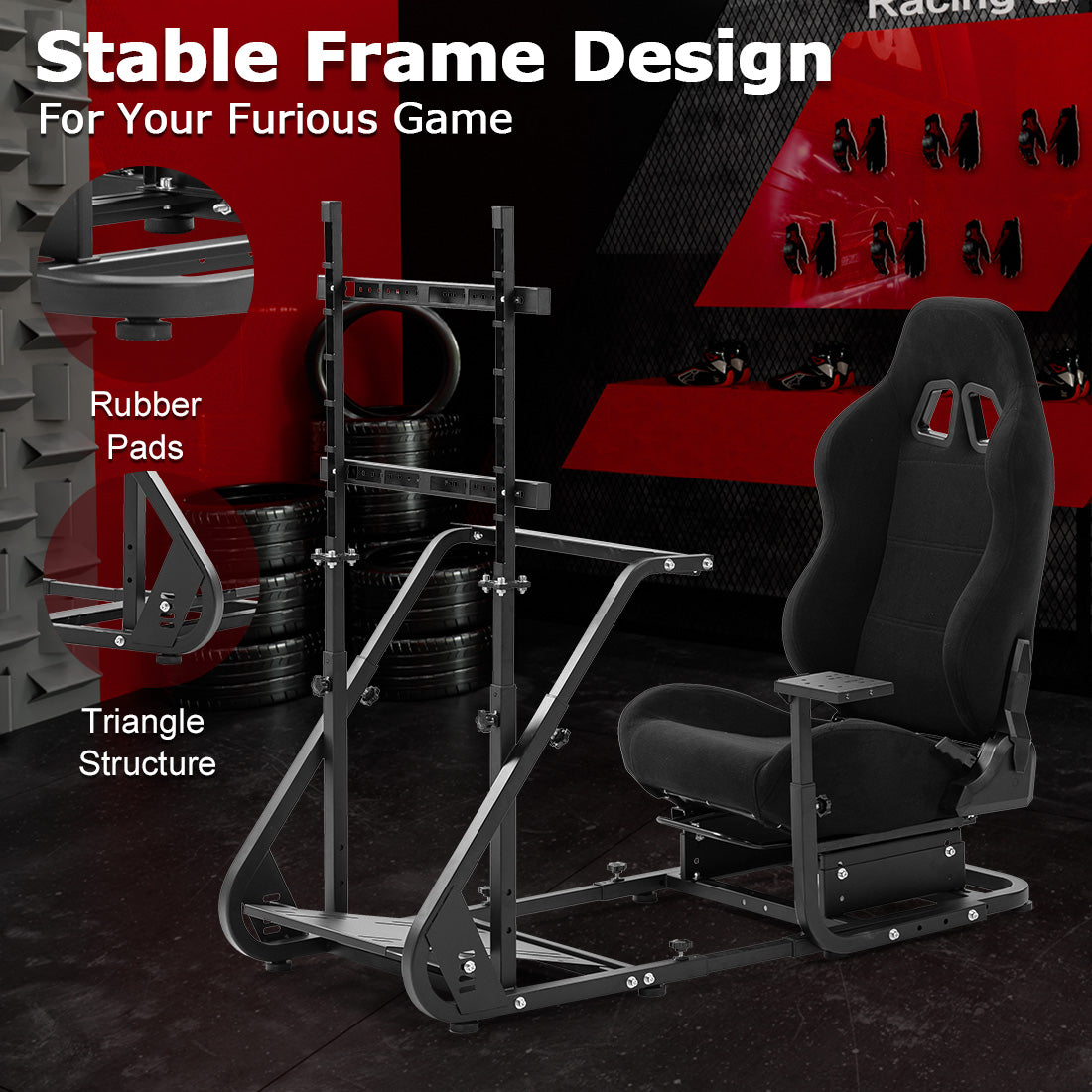 Zootopo Adjustable Sim Racing Cockpit with Black Seat Monitor Frame, Fit for Logitech/Thrustmaster/Fanatec G920 G923 G29 T80, Frame Double Arm Reinforcement, No Steering Wheel,Pedal,Handbra,Display