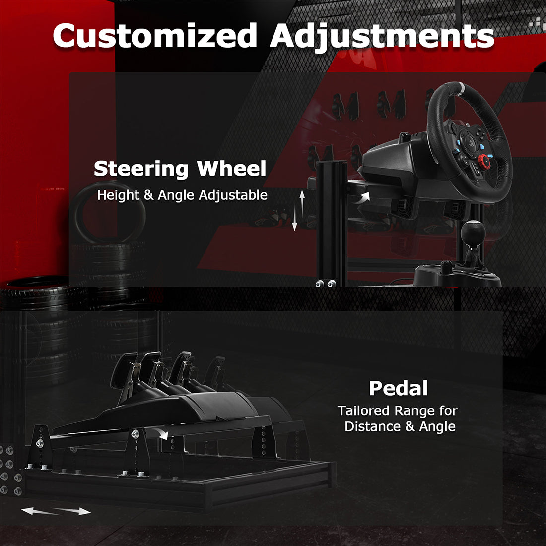 Zootopo 3060 Aluminum Profile Racing Simulator Cockpit, Infinitely Adjustable, Compatible with Thrustmaster/Fanatec/Logitech G29 steering wheels, specifically designed for the Sim Frame 3060 chassis. Does not include steering wheel, pedals, or handbrake