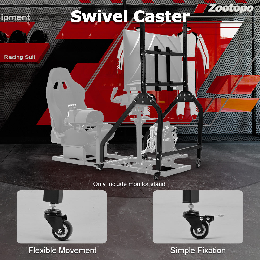 Zootopo Single Monitor Stand with Locking Casters Premium Adjustable Mount for Racing Simulator,Featuring Full Motion Control for 27-65 inch Monitors,Immersive Viewing Experience