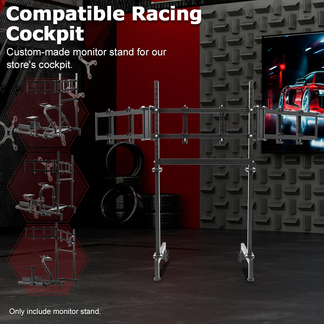 Zootopo Sim Racing Triple Monitor Stand for 24-32 Inch Display 3 Screens TV Mount Compatible with Round Tube Racing Sim Cockpit,Adjustable Height Width,NO Steering Wheel,Shift Lever,Pedals,TV,Seat and Cockpit